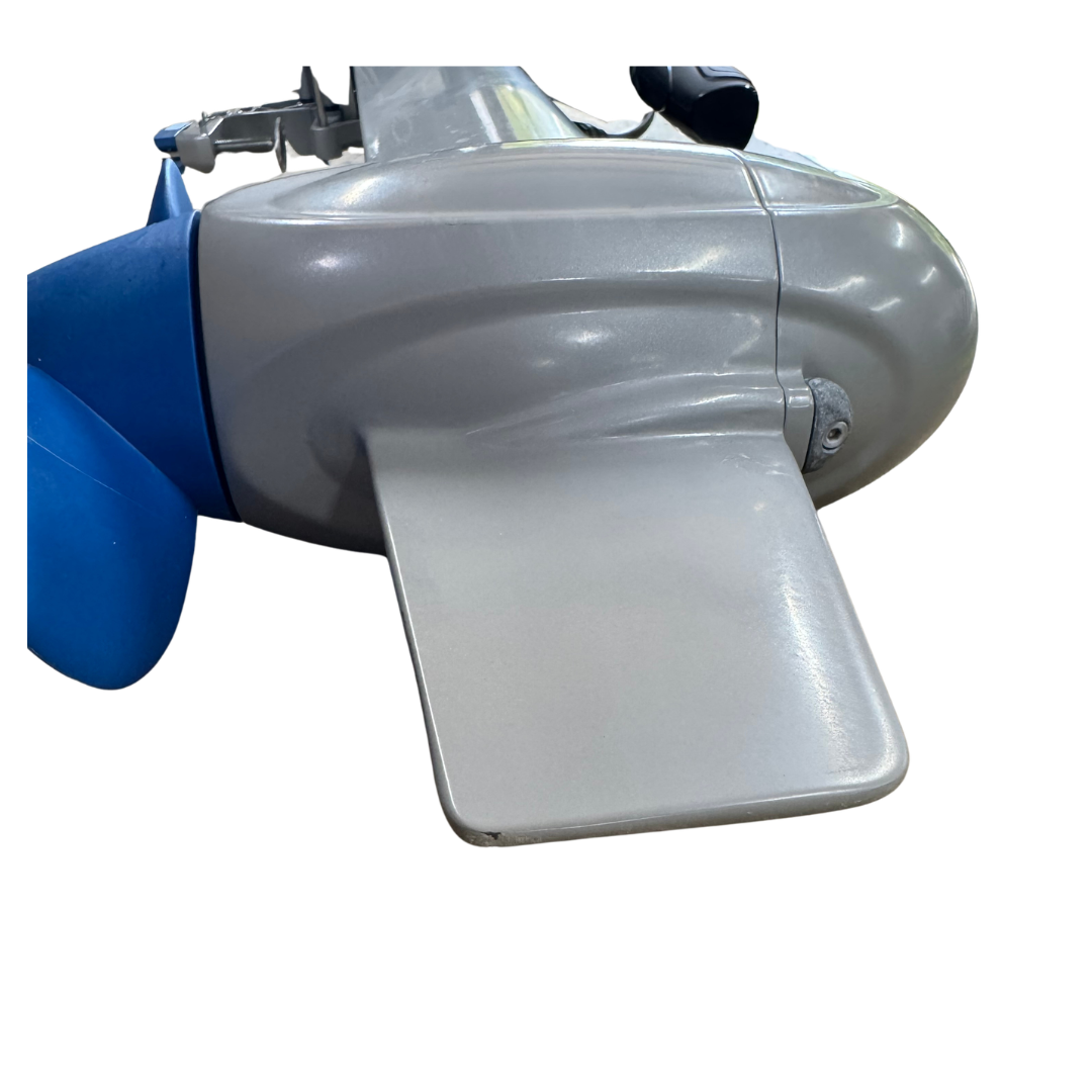 Close-up of a boat epropulsion propeller assembly with a gray rudder and blue propeller blades on a white background.