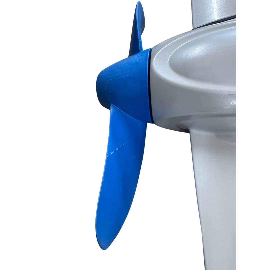 Close-up of a blue epropulsion boat propeller blade attached to a silver propeller shaft against a white background.