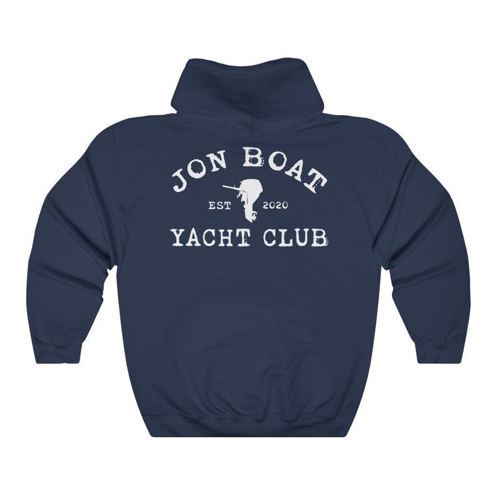 A navy blue pullover hoodie shown from the back, featuring a white graphic print that reads 'JON BOAT YACHT CLUB' with 'EST 2020' and a small silhouette detail in the center.
