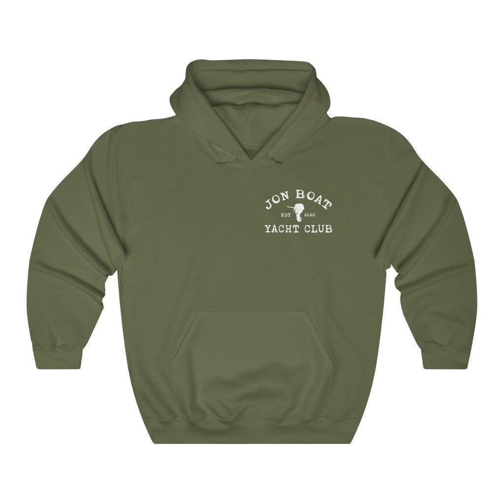 An olive green pullover hoodie with a white graphic on the chest reading 'JON BOAT YACHT CLUB' around a small sailboat silhouette, shown on a plain white background.