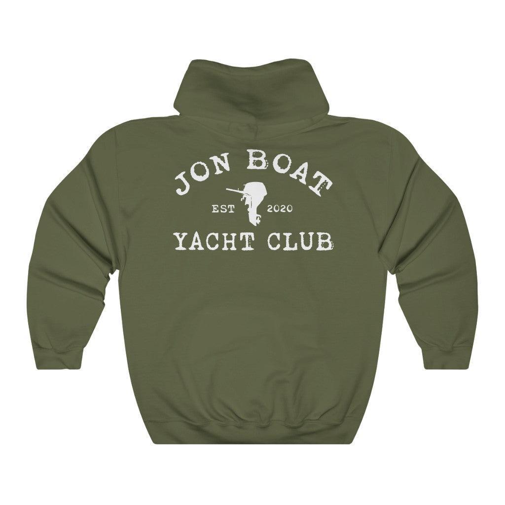 An olive green pullover hoodie shown from the back, featuring a distressed white graphic print that reads 'JON BOAT YACHT CLUB' with 'EST 2020' and a silhouette of a person holding a sailboat.
