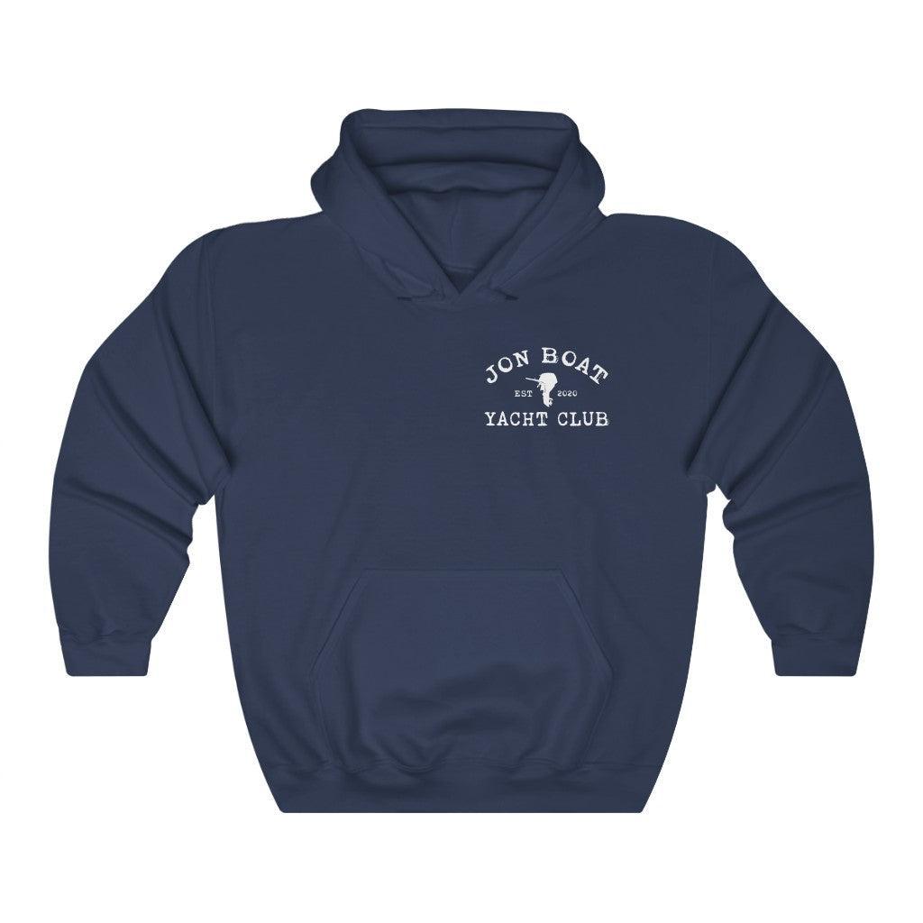 A navy blue pullover hoodie with a white graphic print on the chest reading 'JON BOAT YACHT CLUB' around a small sailboat silhouette, shown on a plain white background.