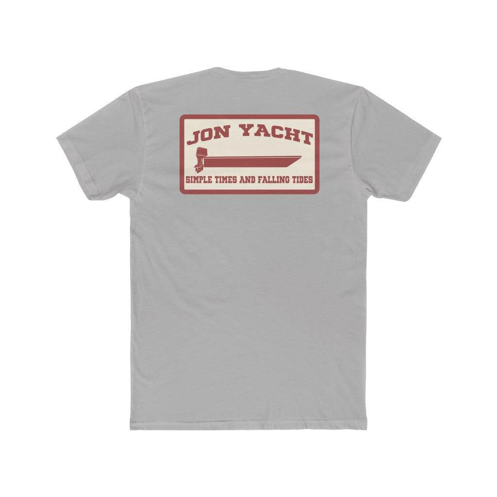 A light gray short-sleeve t-shirt shown from the back, featuring a rectangular vintage-style graphic print in red and cream with the text 'JON YACHT' and 'SIMPLE TIDES AND FALLING TIDES'.
