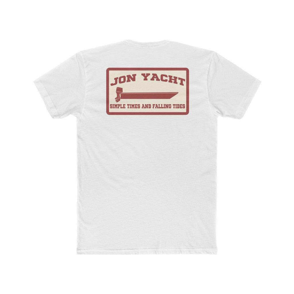 A white short-sleeve t-shirt shown from the back, featuring a rectangular graphic print in dark red and beige with the text 'JON YACHT' and 'SIMPLE TIMES AND FALLING TIES'.