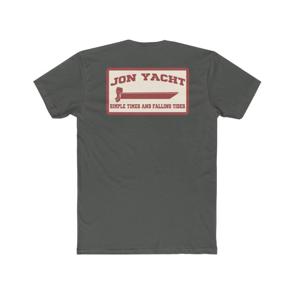 A dark gray crewneck t-shirt shown from the back, featuring a rectangular graphic print with the text 'JON YACHT' and 'SIMPLE TIDES AND FALLING TIDES' in red and cream.