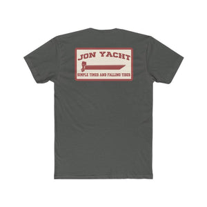 A dark gray crewneck t-shirt shown from the back, featuring a rectangular graphic print with the text 'JON YACHT' and 'SIMPLE TIDES AND FALLING TIDES' in red and cream.