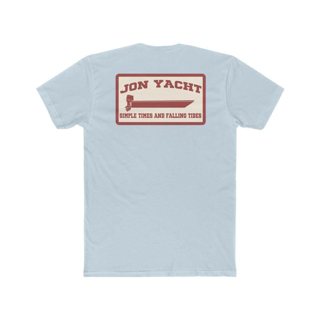 A light blue heather crewneck t-shirt shown from the back, featuring a vintage-style rectangular graphic with the text 'JON YACHT' and 'SIMPLE TIDES AND FALLING TIDES' in red and cream.