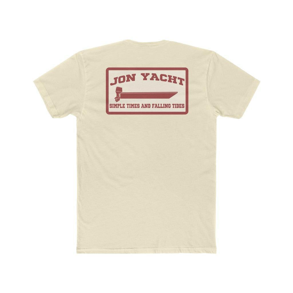 A cream-colored short-sleeve t-shirt shown from the back, featuring a red graphic print with the text 'JON YACHT' and 'SIMPLE TIMES AND FALLING TIES' inside a rectangular border.