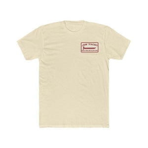 A cream-colored short-sleeve t-shirt with a small red graphic on the left chest featuring a sailboat and the text 'jon yacht'