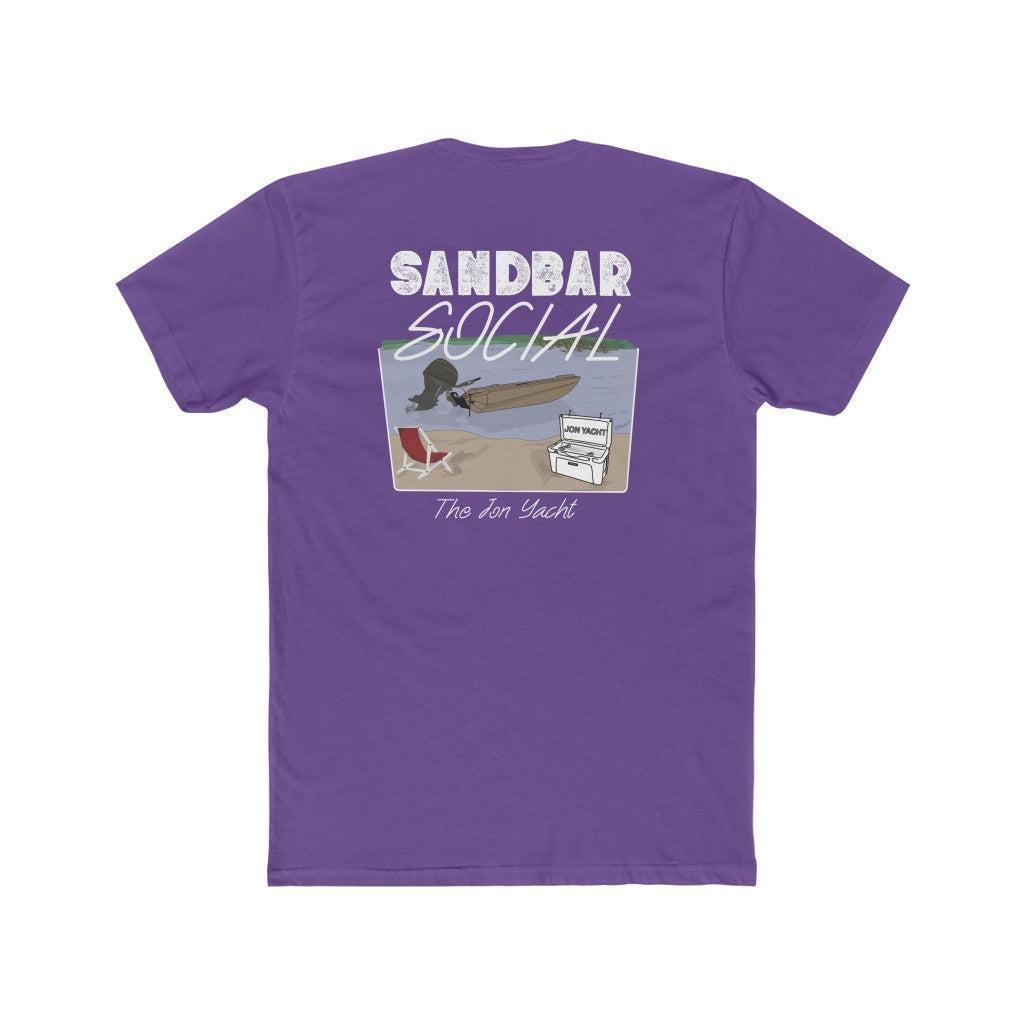 A purple short-sleeve t-shirt shown from the back, featuring a graphic print with the text 'SANDBAR SOCIAL' and 'The Fun Yacht' above and below an illustration of a surfer, a chair, and a yacht.