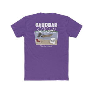 A purple short-sleeve t-shirt shown from the back, featuring a graphic print with the text 'SANDBAR SOCIAL' and 'The Fun Yacht' above and below an illustration of a surfer, a chair, and a yacht.