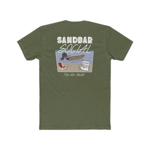 An olive green short-sleeve t-shirt shown from the back, featuring a graphic print with the text 'SANDBAR SOCIAL' and 'The Fun Yacht' over an illustration of a beach scene with a surfboard and chair.