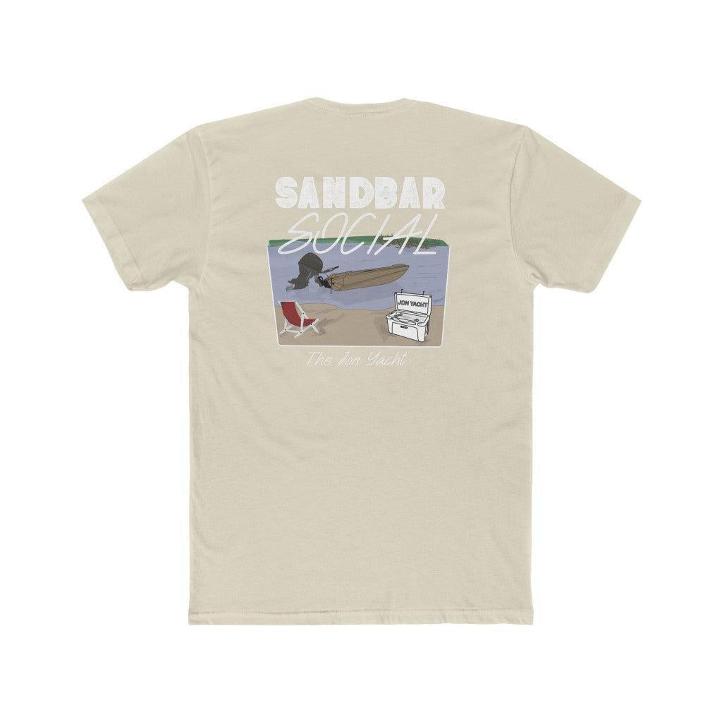 A light beige crewneck t-shirt shown from the back, featuring a graphic print with the text 'SANDBAR SOCIAL' and a beach scene illustration.