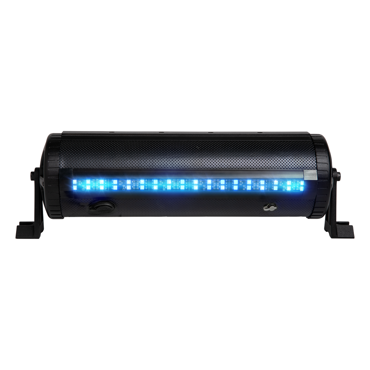 Black cylindrical light with blue LED strip on a white background