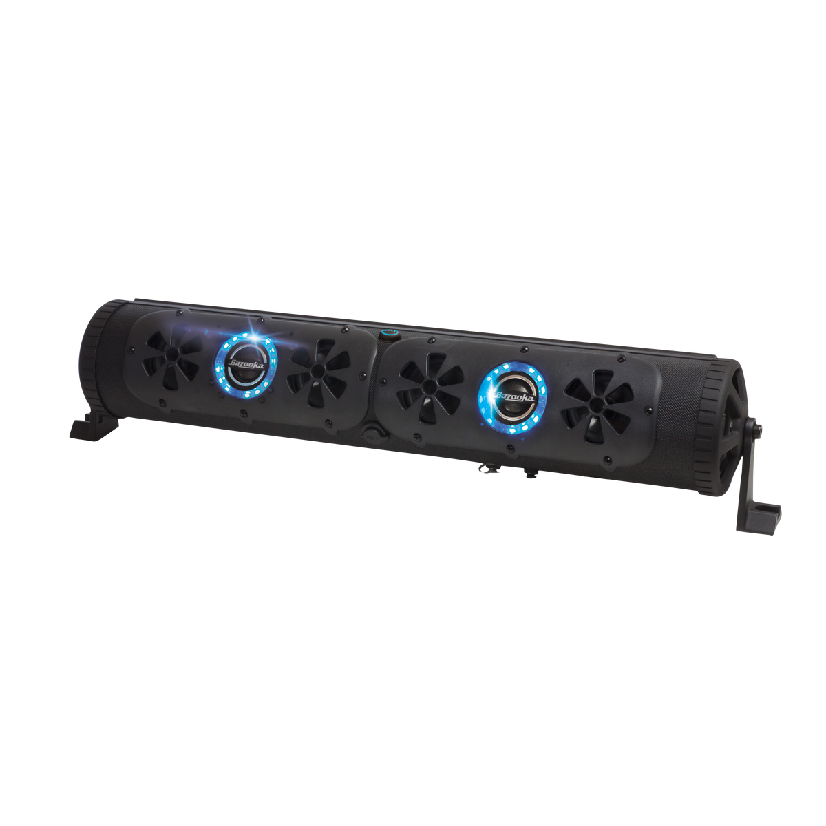 Black LED light bar with blue lights on a white background