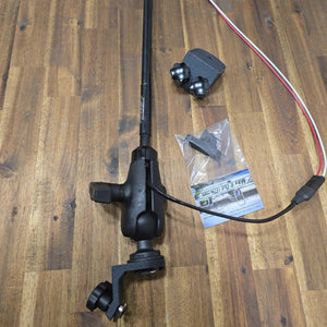 Max It Out LEDs 45° T-Bolt Mount Package displayed on a wooden surface, including the light pole with angled track mount, wiring harness, an additional dual-knob track bracket, and a packaged storage clip.