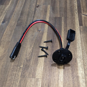 Max Power Socket marine power connector with red and black wiring pigtail, SAE plug, open protective rubber cap, and four black mounting screws.