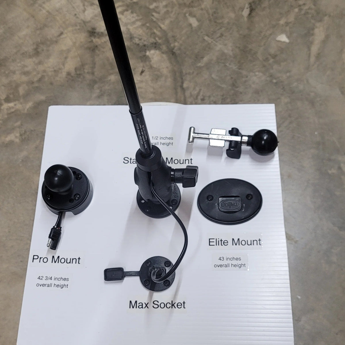 Max It Out LEDs Premier Universal LED Stern Light Kit mounting comparison display board showing the light pole installed on a Standard Mount alongside the Pro Mount, Elite Mount, and Max Socket options.