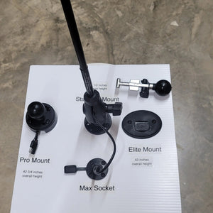 Max It Out LEDs Premier Universal LED Stern Light Kit mounting comparison display board showing the light pole installed on a Standard Mount alongside the Pro Mount, Elite Mount, and Max Socket options.