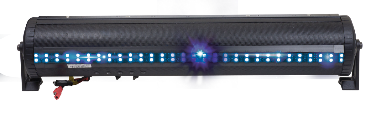 LED light bar with blue and white lights on a white background