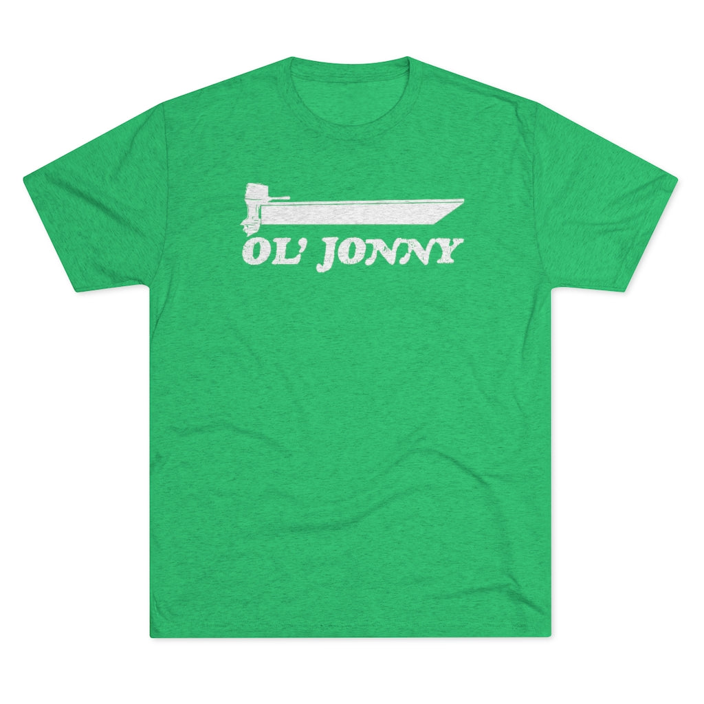A green heather crewneck t-shirt featuring a white graphic of a boat and the text 'OL' jonny' on the chest, displayed flat against a white background.