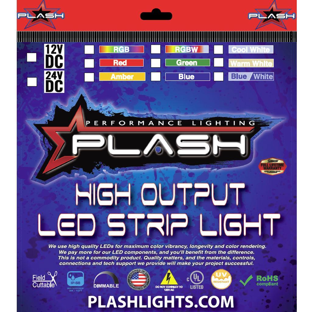 Front of a PLASH high-output LED strip light package, showing product information, color modes, and multiple certification logos on a purple background.
