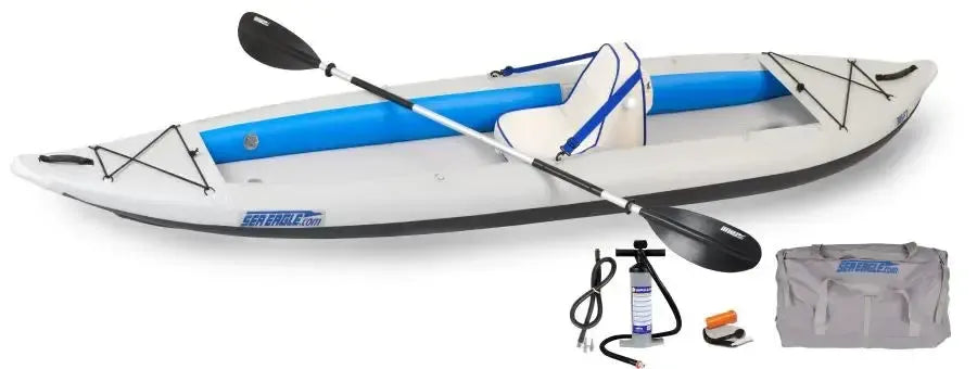 Sea Eagle 385ft FastTrack inflatable kayak, gray with blue accents, paddle, pump, and carry bag.