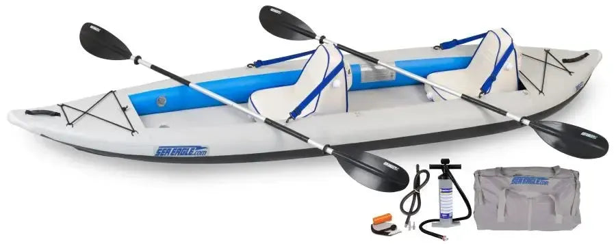 Sea Eagle 385ft FastTrack inflatable kayak, gray with blue accents, paddle, pump, and carry bag.