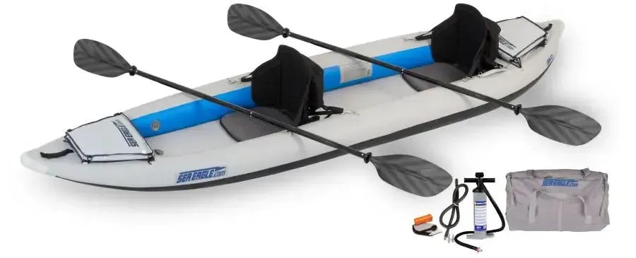 Gray and blue Sea Eagle 385ft FastTrack inflatable kayak with two paddles, pump, and carry bag.