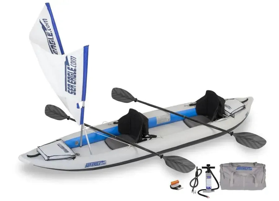 Gray and blue Sea Eagle 385ft FastTrack inflatable kayak with sail, paddles, pump, and carry bag.