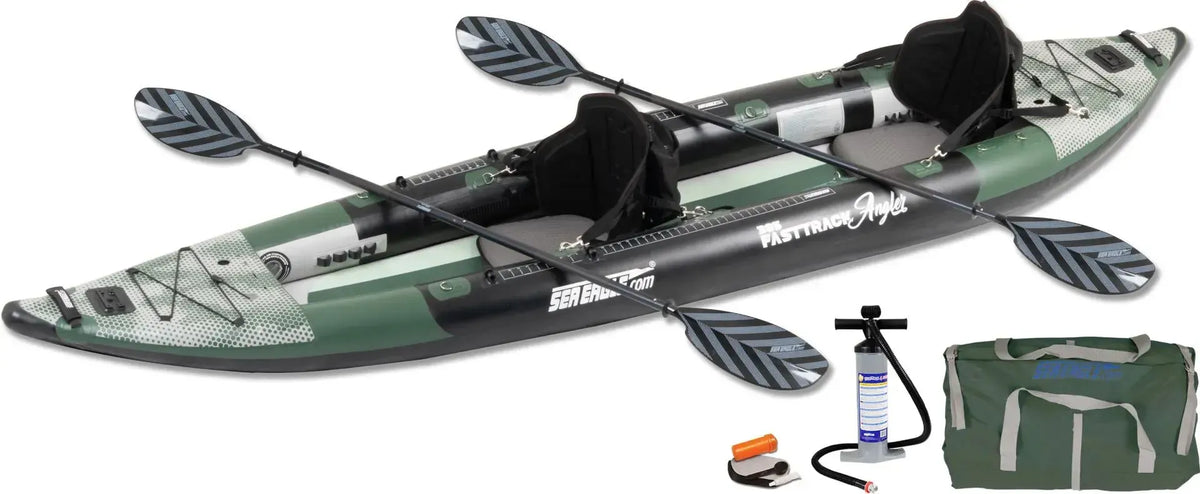 Green and black Sea Eagle 385fta FastTrack Angler inflatable kayak with two paddles, pump, and carry bag.