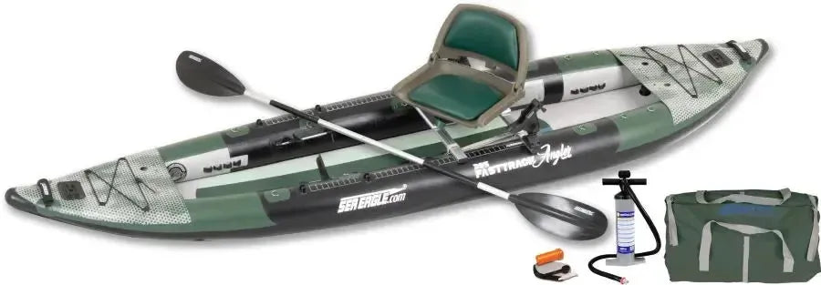 Green Sea Eagle 385fta FastTrack Angler inflatable kayak with seat, paddle, pump, and carry bag.