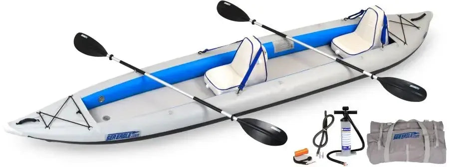Gray and blue Sea Eagle 465ft FastTrack inflatable kayak with two seats, two paddles, pump, and carry bag.