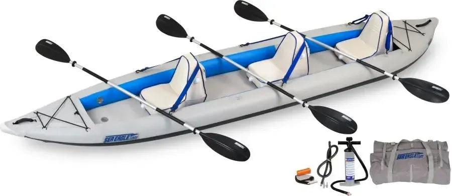 Gray and blue Sea Eagle 465ft FastTrack inflatable kayak with three seats, three paddles, pump, and carry bag.