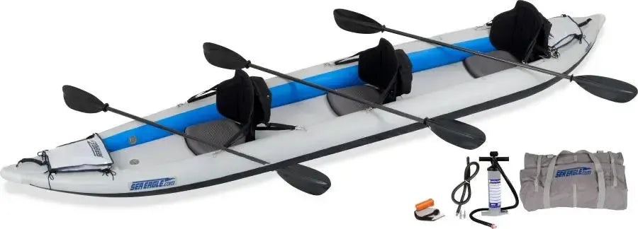 Gray and blue Sea Eagle 465ft FastTrack inflatable kayak with three seats, paddles, pump, and storage bag.