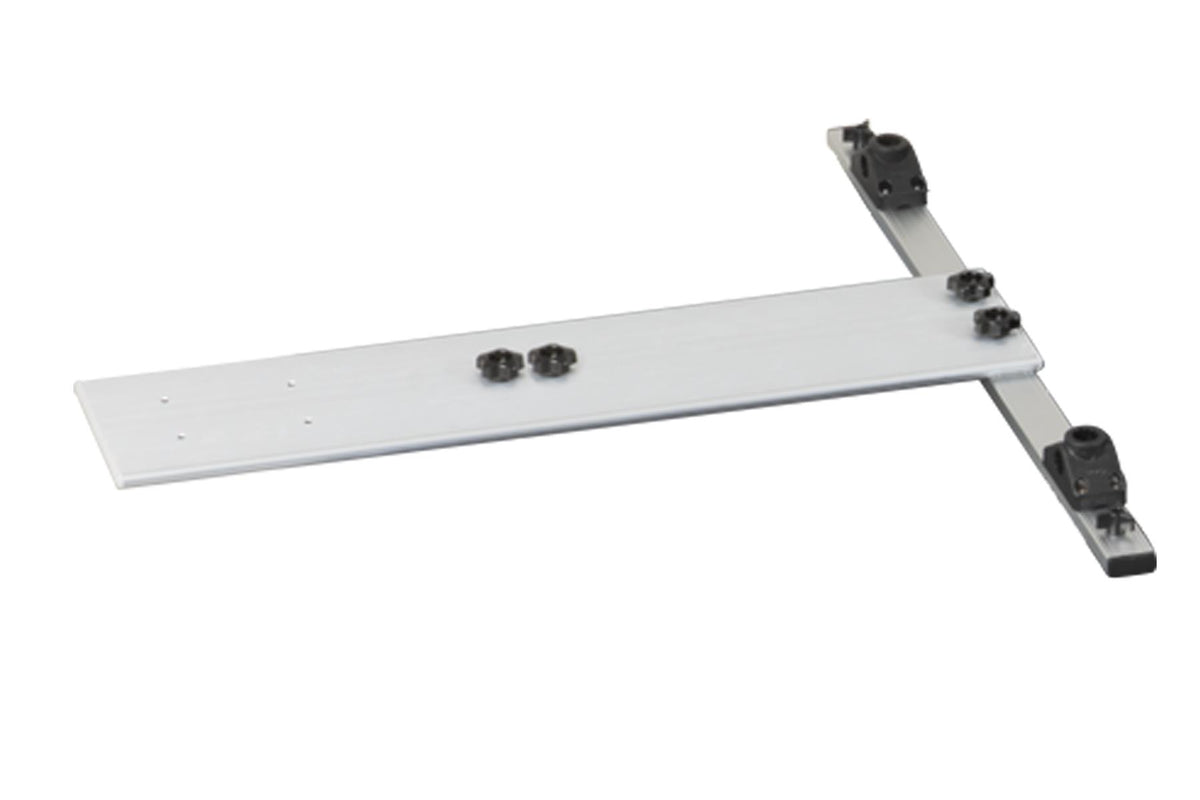 A sea eagle silver aluminum sliding barn door track assembly with black plastic rollers and adjustment knobs, shown on a plain white background.