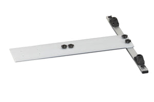 A sea eagle silver aluminum sliding barn door track assembly with black plastic rollers and adjustment knobs, shown on a plain white background.