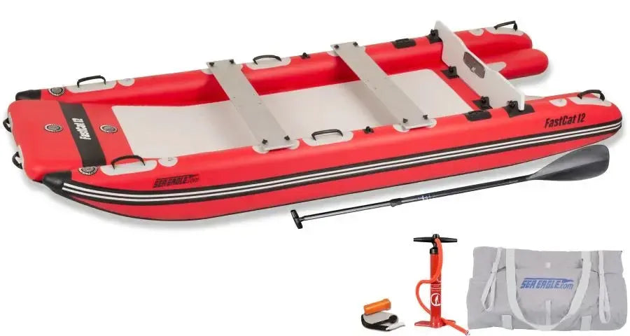 Red Sea Eagle FastCat12 inflatable catamaran with gray deck, two seats, paddle, pump, and carry bag.