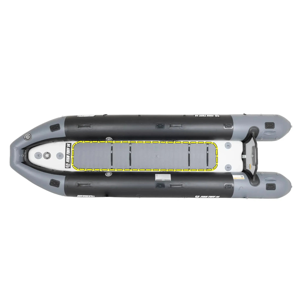 Top-down view of a gray and black Sea eagle inflatable dinghy with a white deck and a yellow safety line, isolated on a white background.