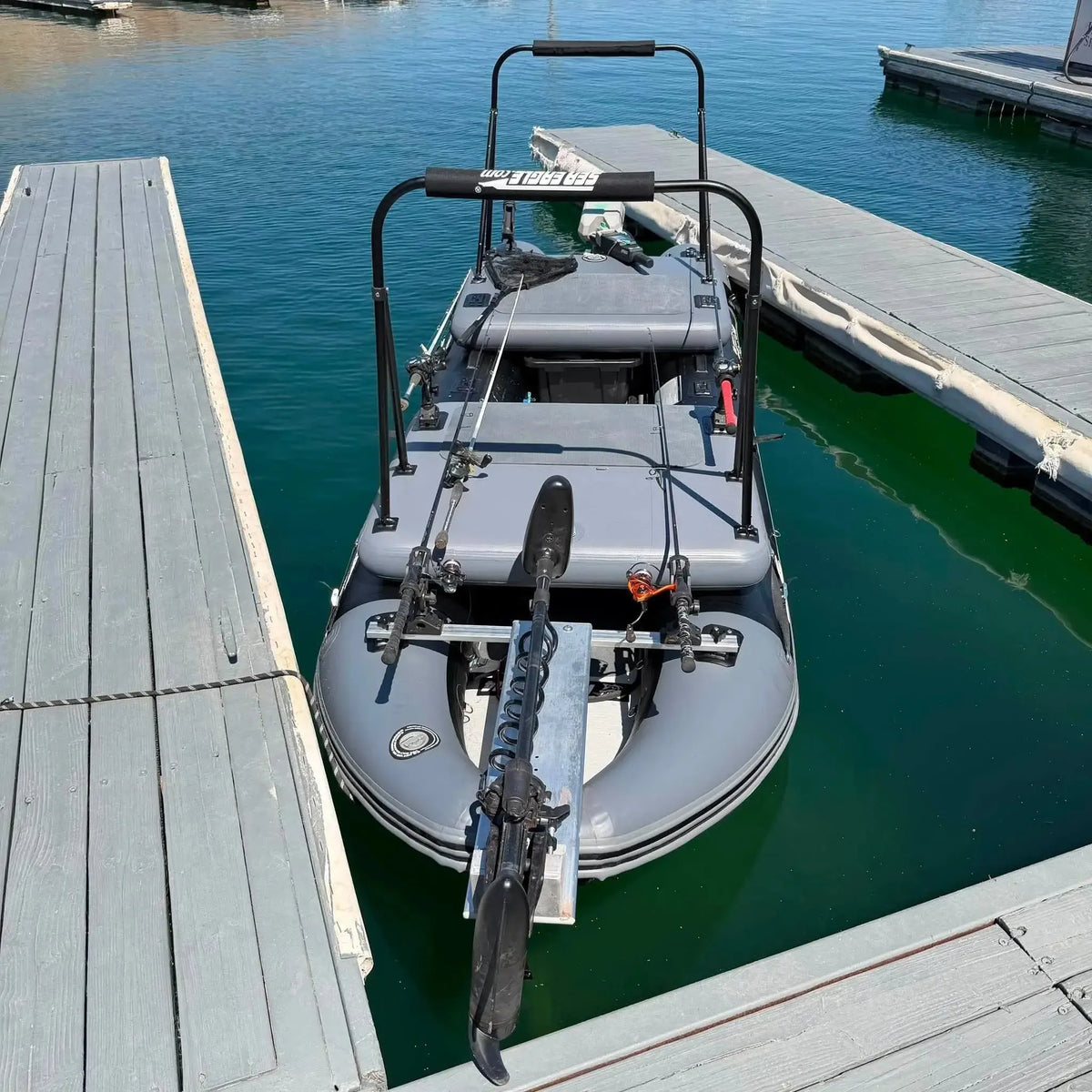 A gray sea eagle inflatable boat with a black roll bar and a mounted bicycle on the front, docked at a wooden pier in green water.