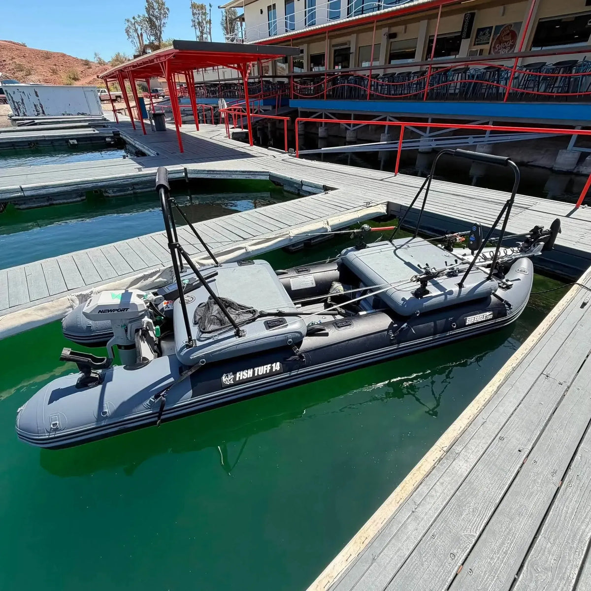 Sea Eagle FishTuff14 Inflatable Skiff with Newport NT600 6hp Electric fully rigged for fishing