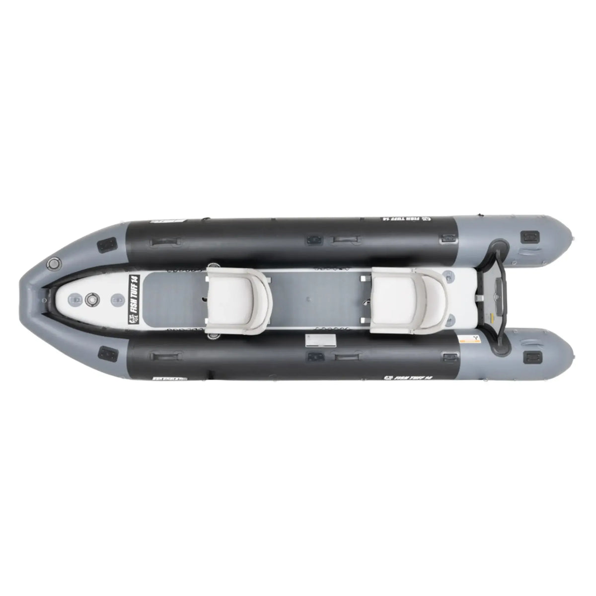 Top-down view of a gray and black  Sea eagleinflatable dinghy with white seats and a gray deck, shown on a plain white background.