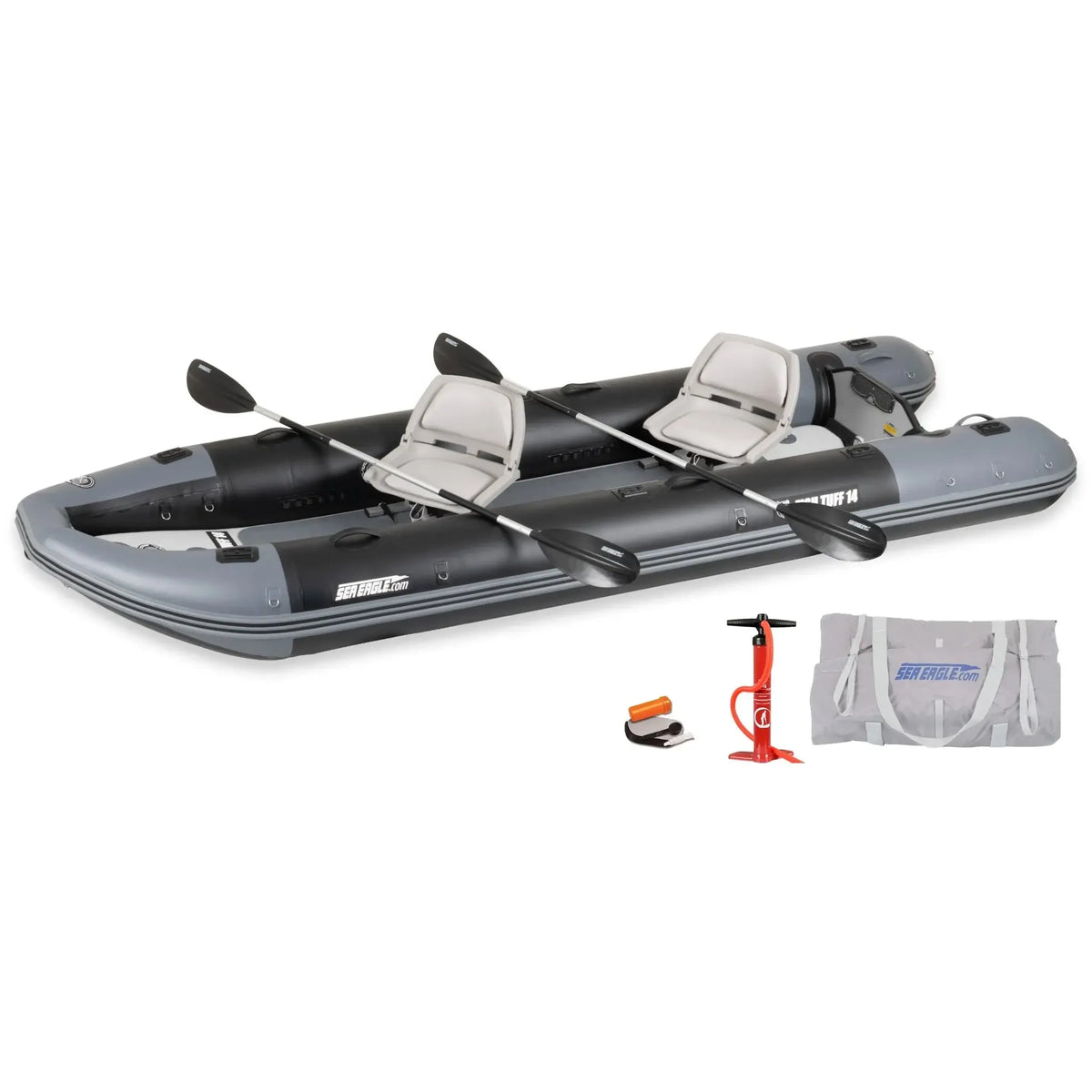Inflatable kayak with seats, oars, and pump on a white background