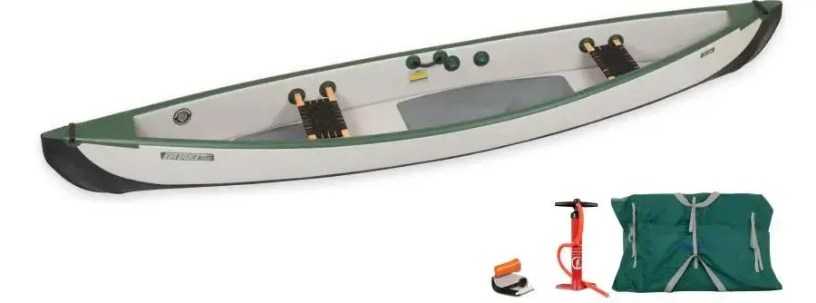 Sea Eagle TC16 inflatable canoe, gray and green, with pump, repair kit, and folded carry bag.
