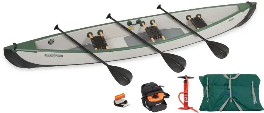 Sea Eagle TC16 inflatable canoe, gray and green, with three paddles, pump, and carry bag.