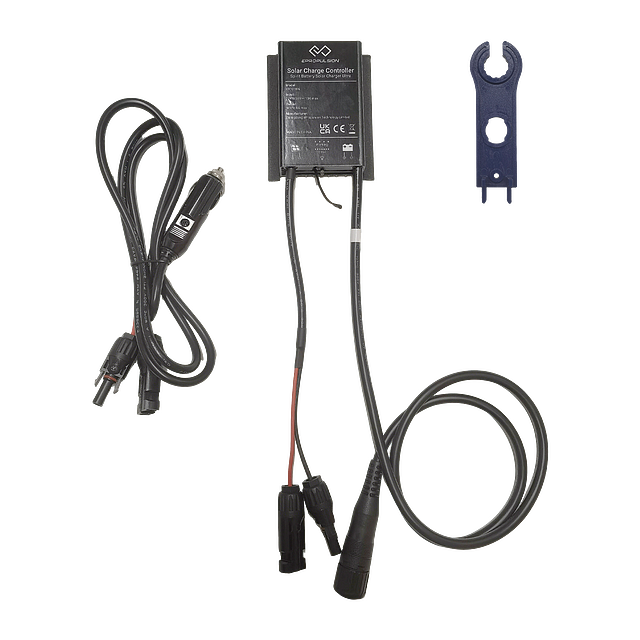 Solar charge controller with cables and connectors on a white background