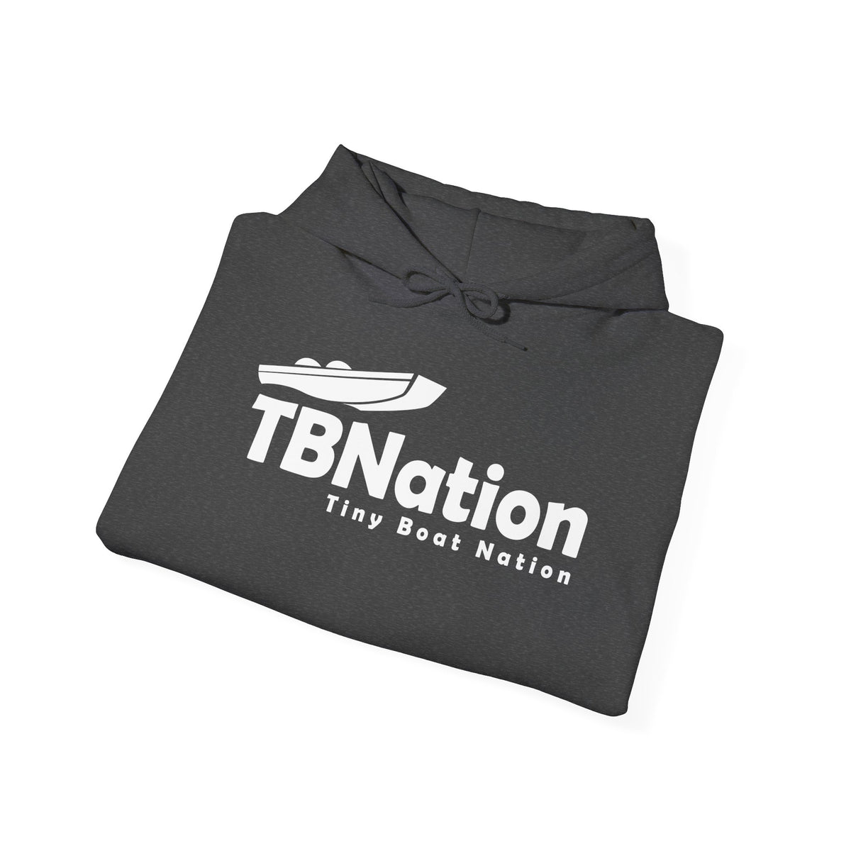 Folded dark gray hoodie with 'TBNation Tiny Boat Nation' logo on a white background