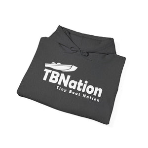 Folded dark gray hoodie with 'TBNation Tiny Boat Nation' logo on a white background