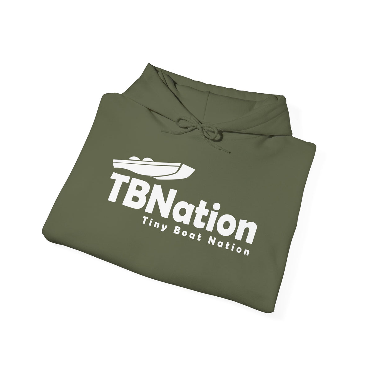 Folded green hoodie with 'TBNation Tiny Boat Nation' logo on a white background