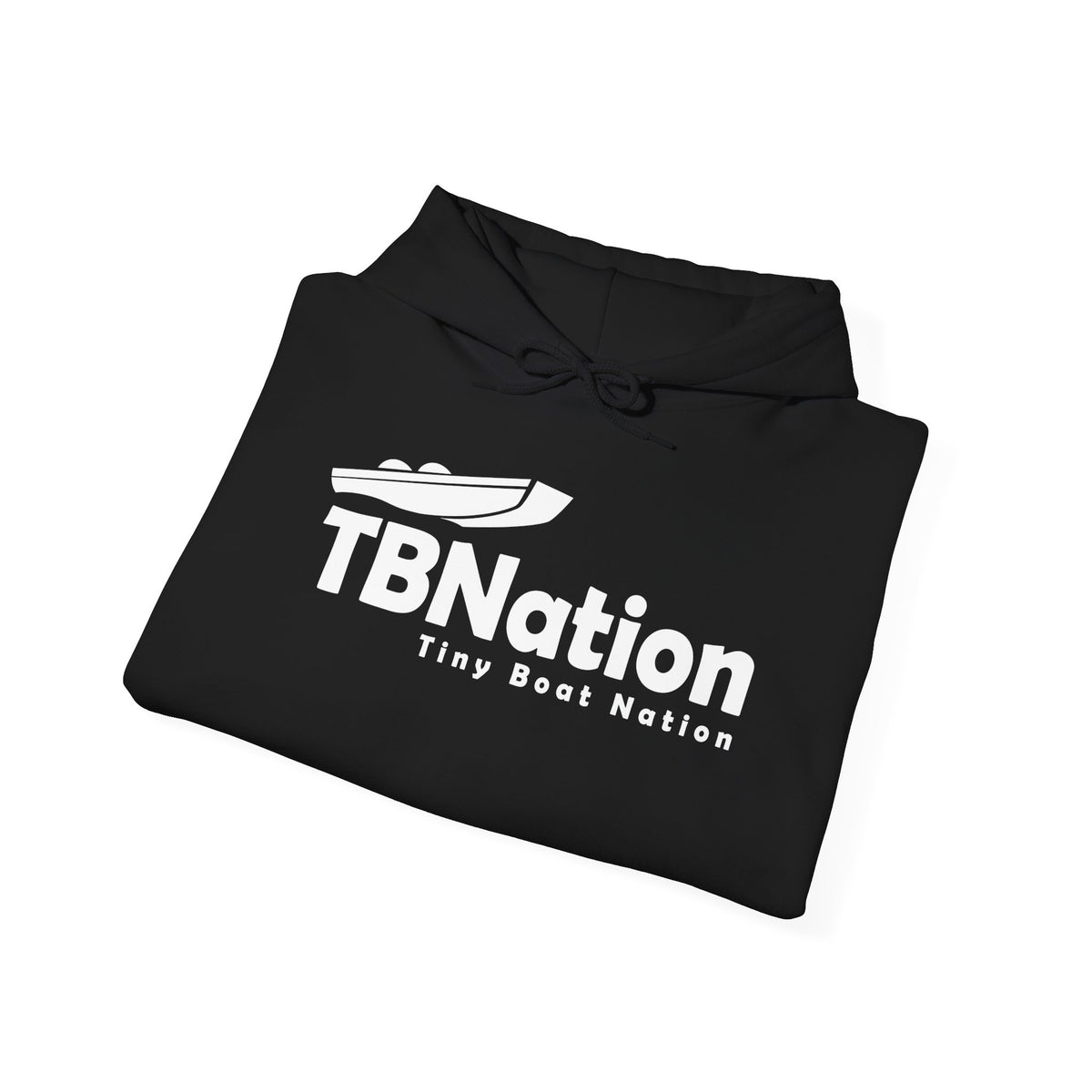 Black hoodie with 'TBNation Tiny Boat Nation' logo on a white background